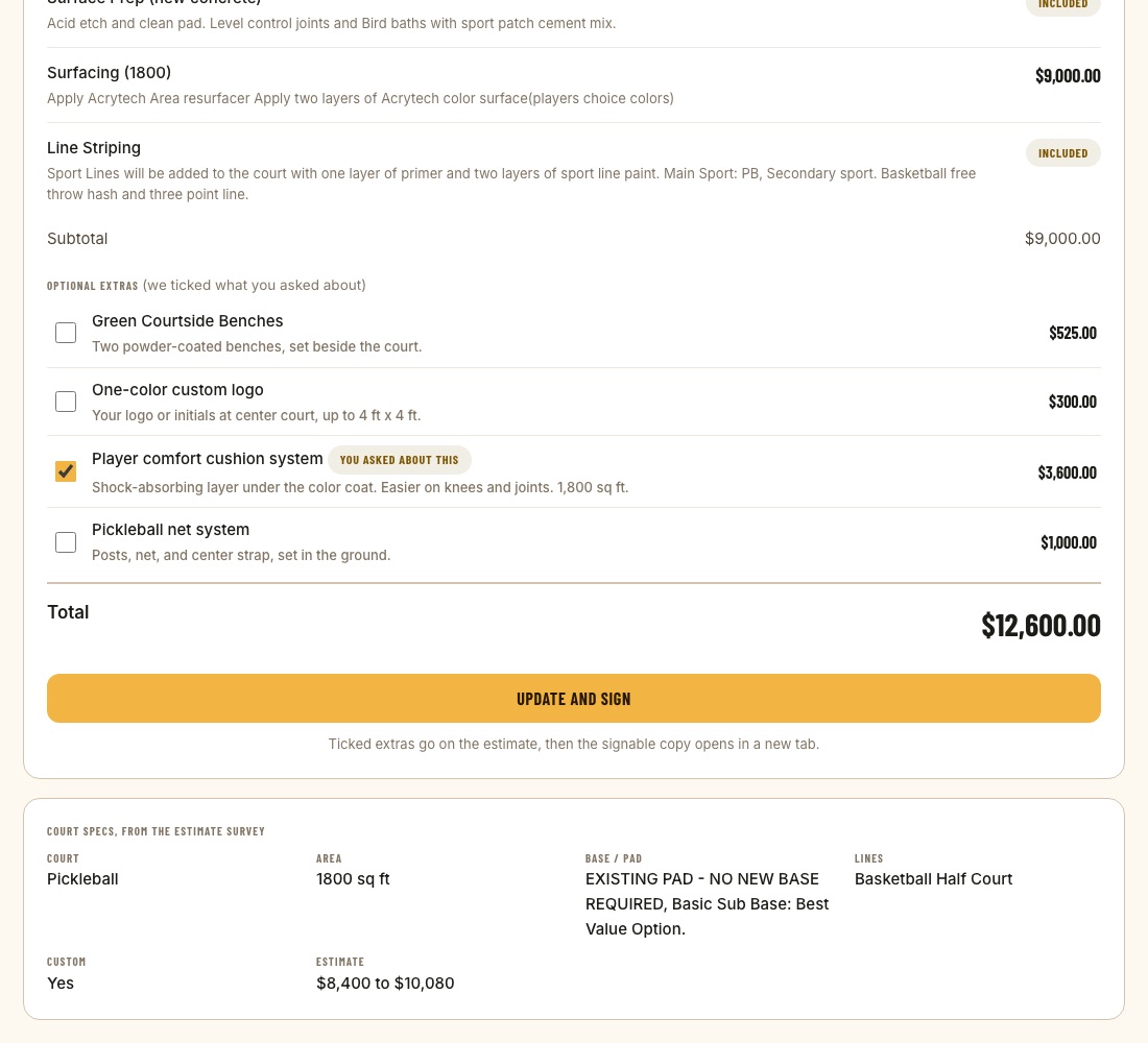 Homeowner estimate page